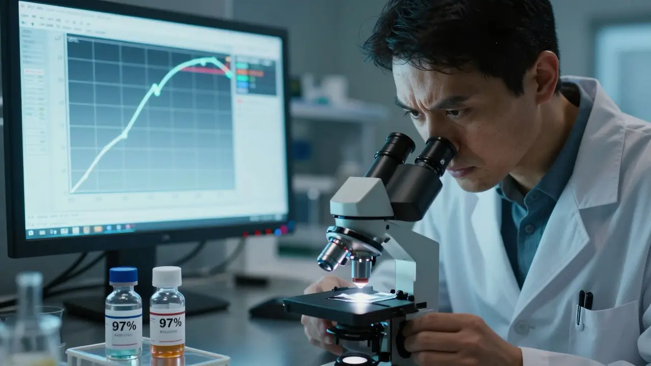 Lab technician comparing blood test results of brand and generic drug samples under a microscope.