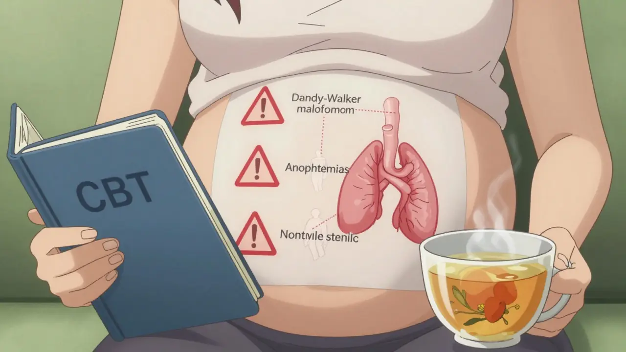 Medical chart with birth defect icons hovering over pregnant belly while woman holds therapy journal and tea.