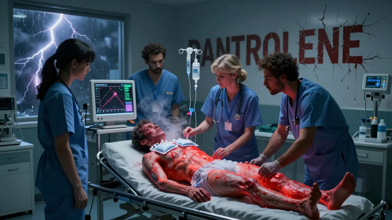 Medical team cooling a hyperthermic patient with steam rising, monitor showing dangerously high muscle enzyme levels.