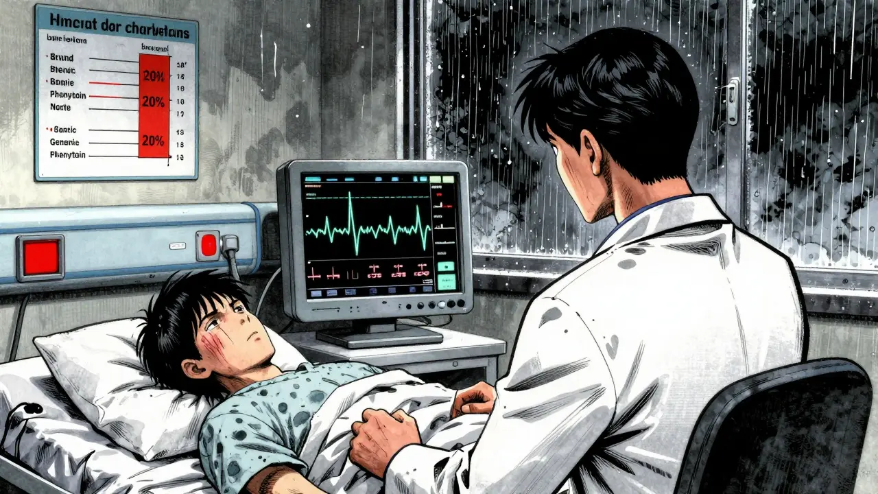 Neurologist watches seizure on EEG monitor, chart shows drug absorption discrepancy, rain outside window.