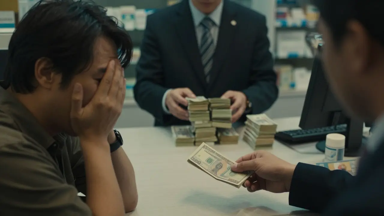 Patient at pharmacy confused while executive counts money in background