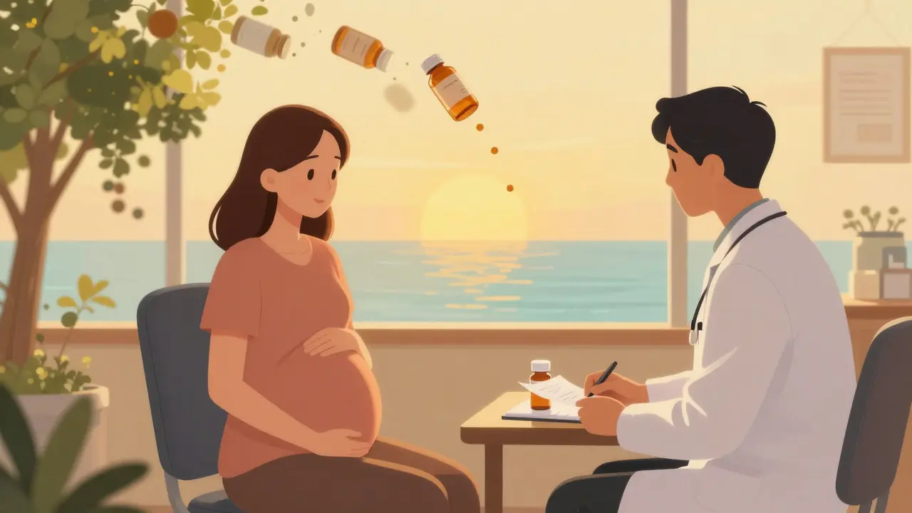 Pregnant woman in therapy session as benzodiazepine bottles fade into nature, symbolizing safer alternatives.