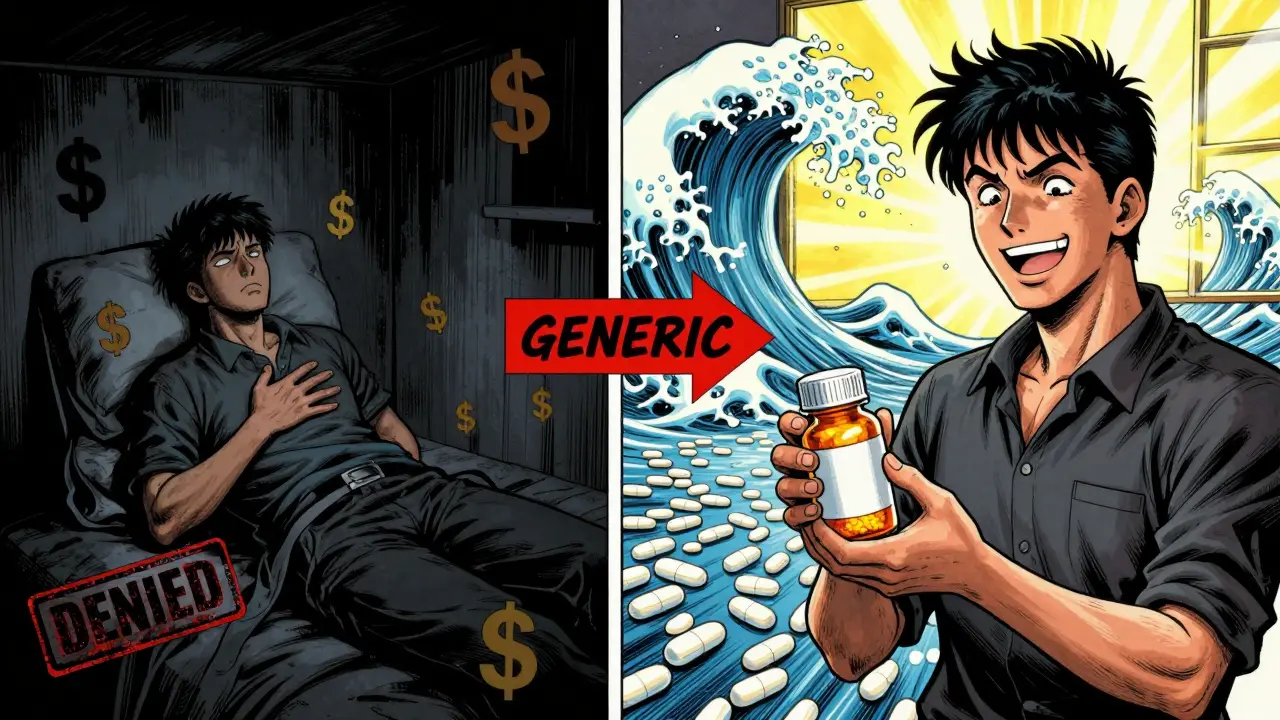 Split-panel scene: one side shows despair over denied care, the other shows hope with a generic pill and savings flowing behind.