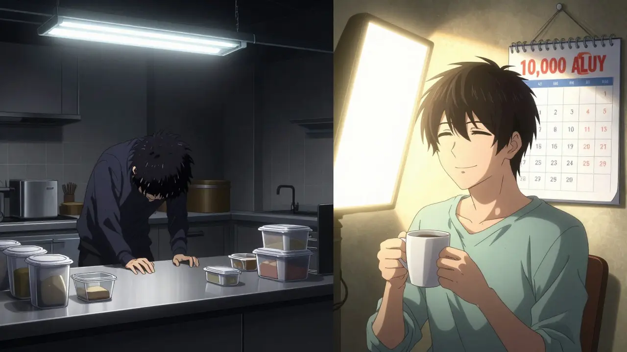 Split scene: a person overwhelmed by winter depression versus the same person revitalized by daily light therapy.