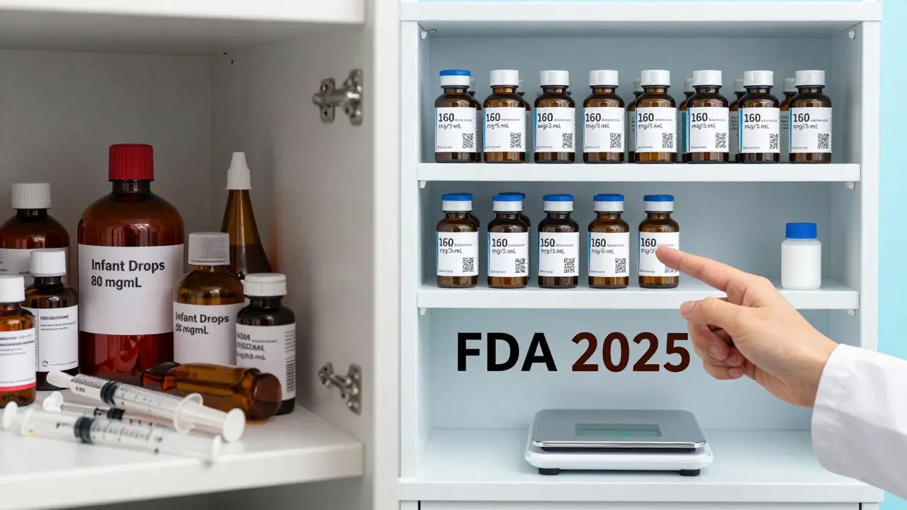 Split scene: cluttered old medicine cabinet vs. organized new bottles with QR codes and scale.