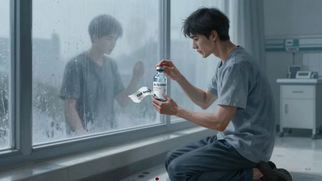 Transplant patient kneels before window, holding cyclosporine vial, ghostly past self fading, blood drop on floor.