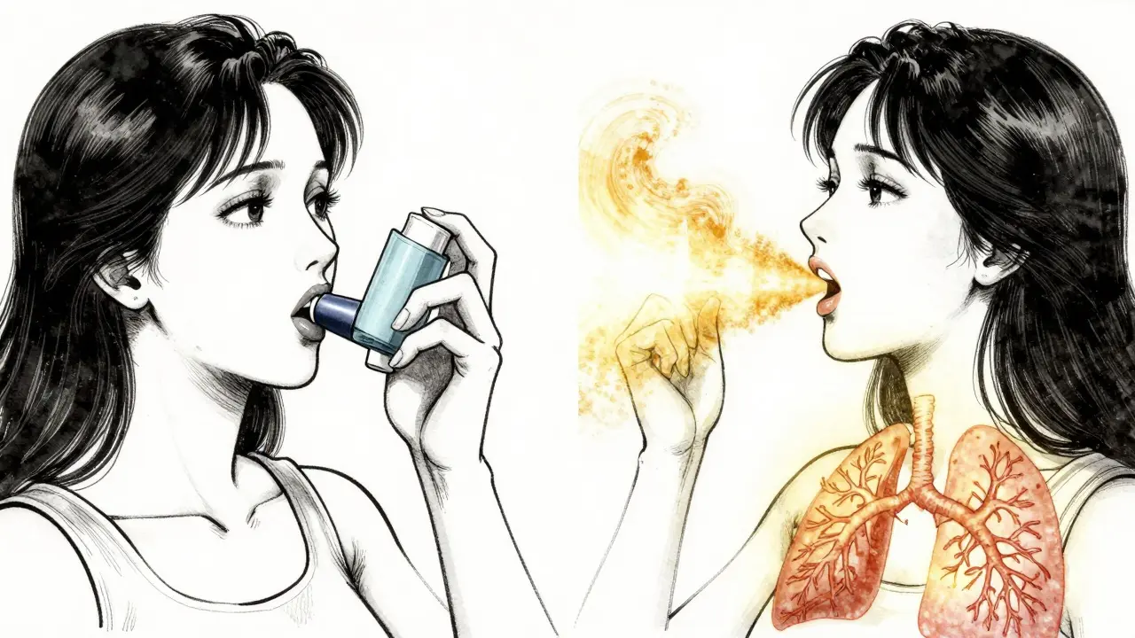 Woman using dry powder inhaler—left side fails, right side medicine flows into lungs.