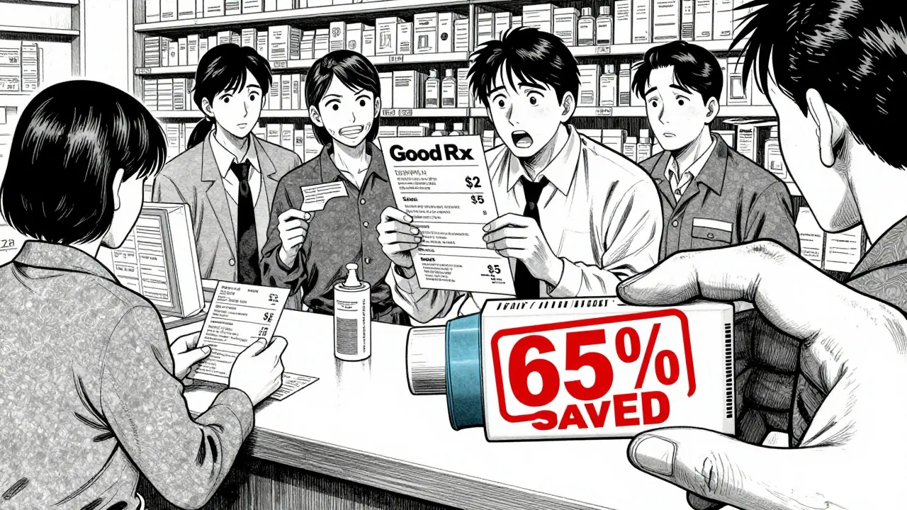 A diverse group of patients at a pharmacy react as a combination drug's price drops dramatically on a GoodRx printout.