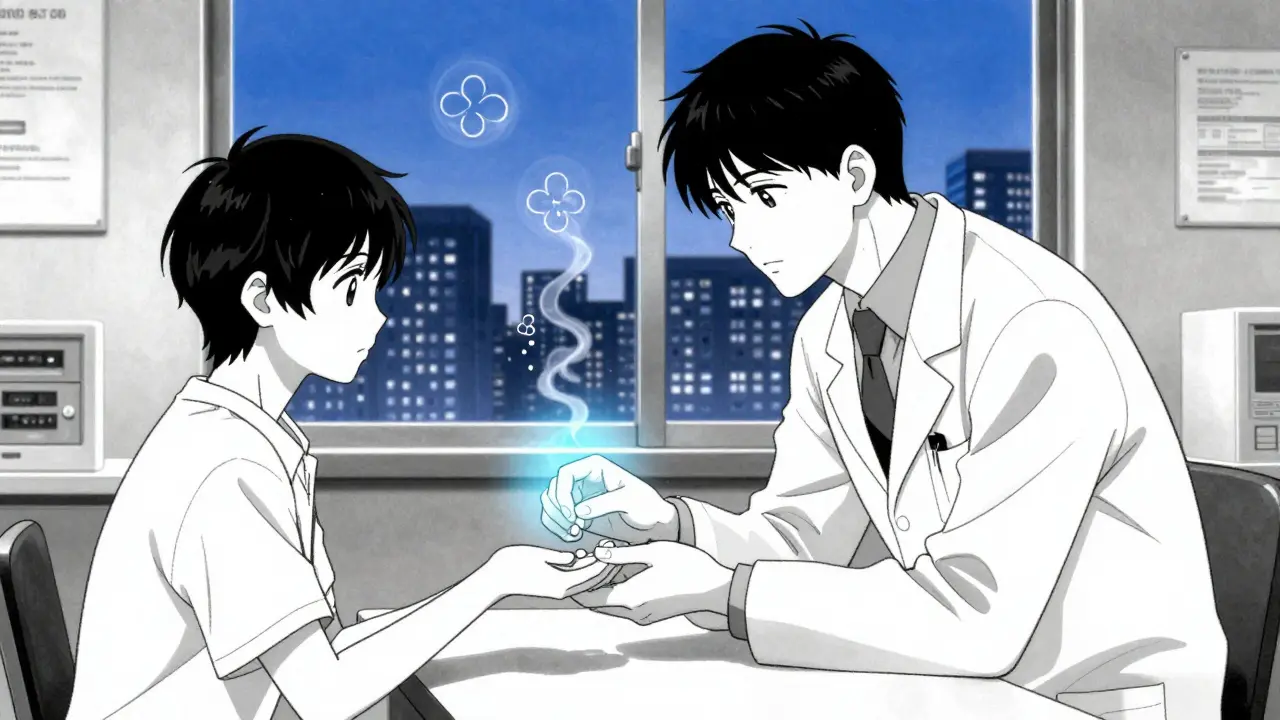 A doctor hands a patient a generic pill as trust passes between them, a soft blue glow surrounding it.