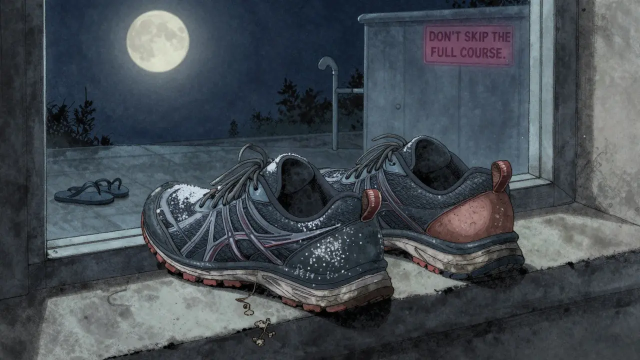 A pair of drying athletic shoes dusted with antifungal powder, fungal spores fading as healthy skin returns under moonlight.