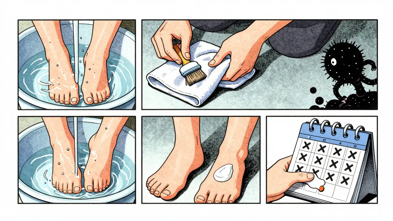 A person applying terbinafine cream to both feet while following a strict 5-step routine with a calendar marked daily.