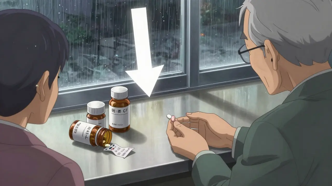 An elderly patient receives a single combination pill while discarded separate pill bottles lie on the counter.