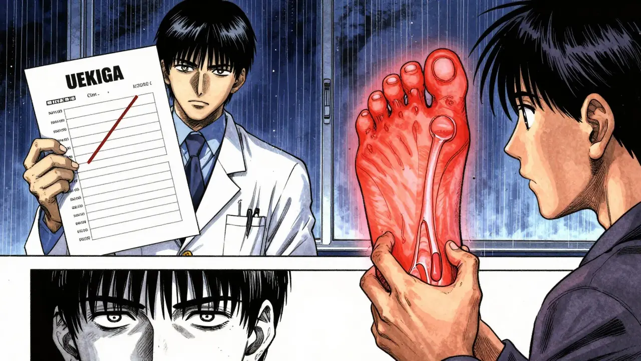 Doctor showing high uric acid test results to patient with swollen toe, tendon diagram floating beside them.