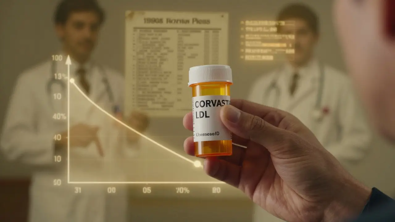 Hand holding statin bottle with transparent lipid panel graph showing LDL drop, outdated charts fading behind.