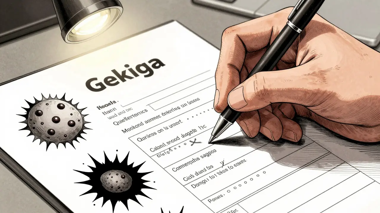 Hand marking medical checklist with abstract reaction symbols under harsh light.