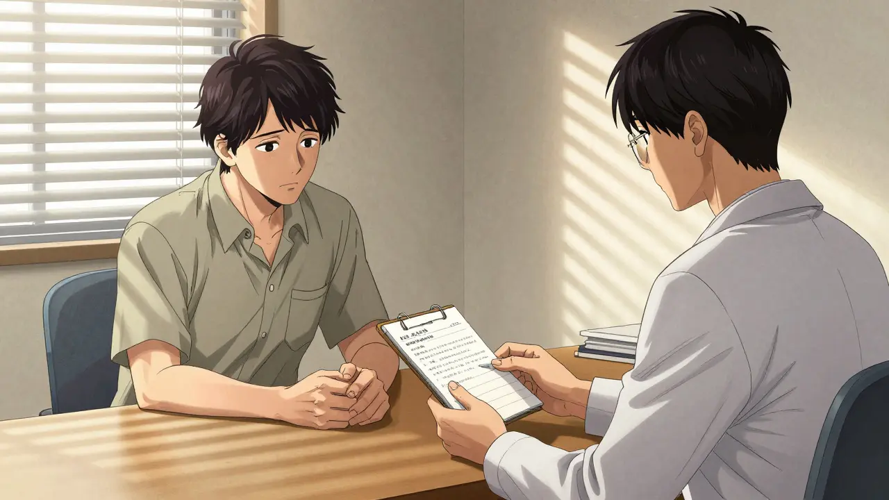 Patient reviews personal health notebook with specialist in sunlit office.