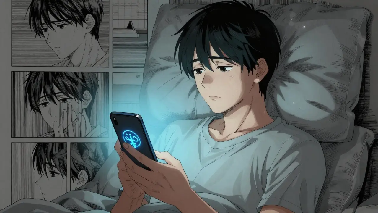 Patient using smartphone to research medication safely.