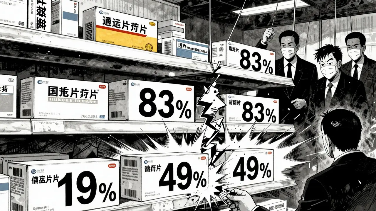Pharmacy shelf with collapsing drug prices as shadowy PBMs pull strings, stark contrast and motion lines.