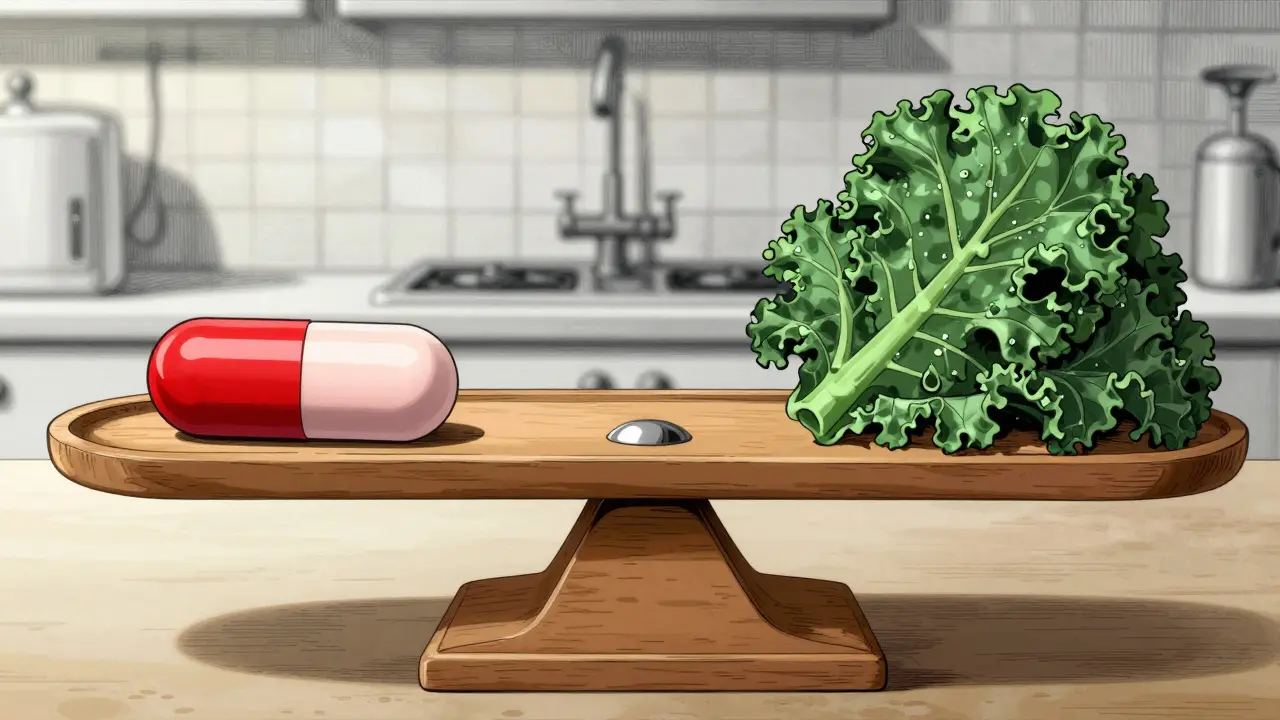 Scale balancing a pill and green vegetable leaves