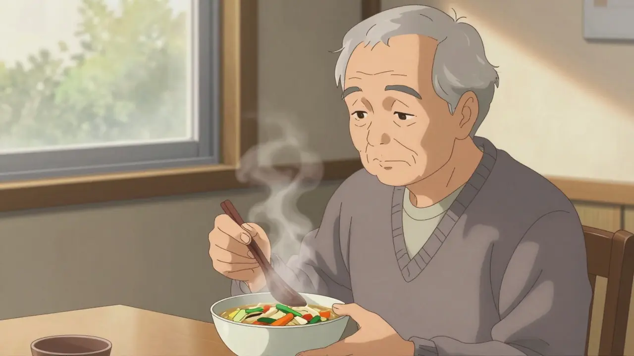 Senior eating healthy vegetable soup calmly at home
