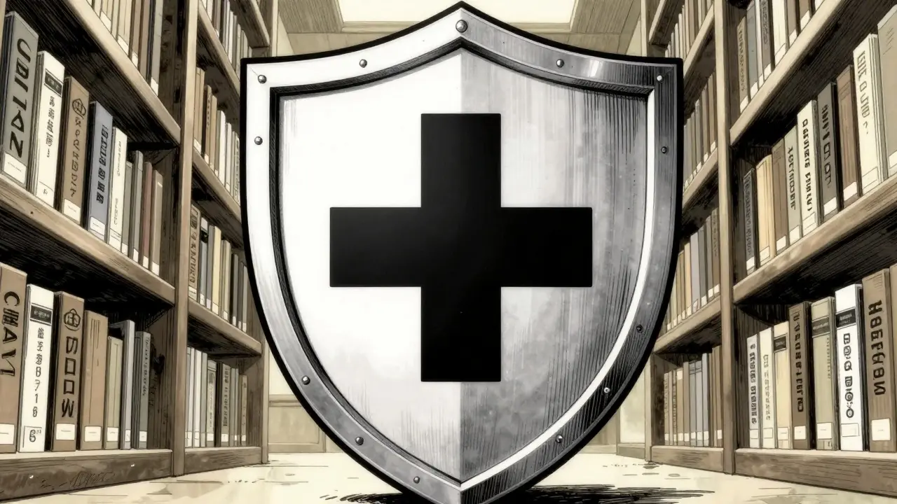 Symbolic shield protecting medical cross for safety.