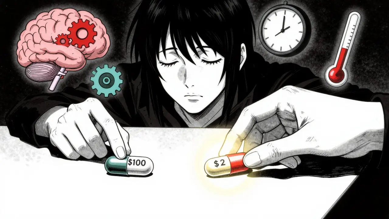 Two identical pills labeled 0 and , one glowing with relief, the other casting a dark shadow.