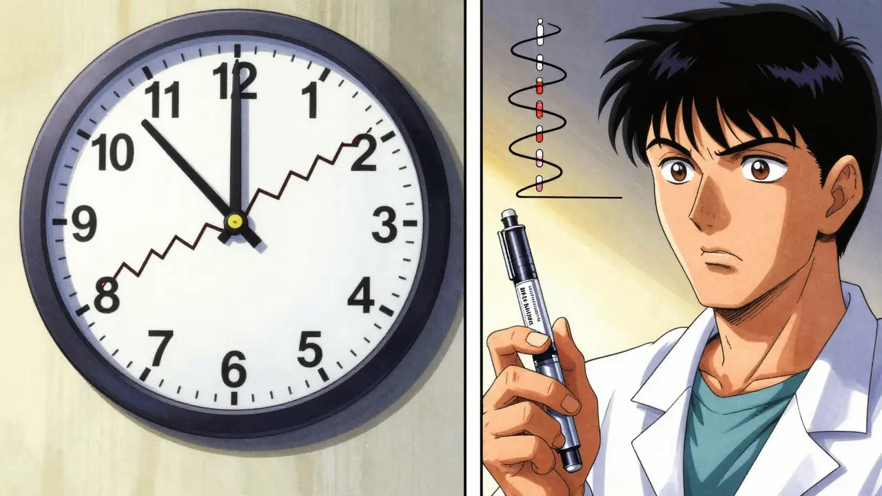 Two insulin pens labeled for prednisone and dexamethasone, with clock and glucose graphs showing different half-lives and effects.