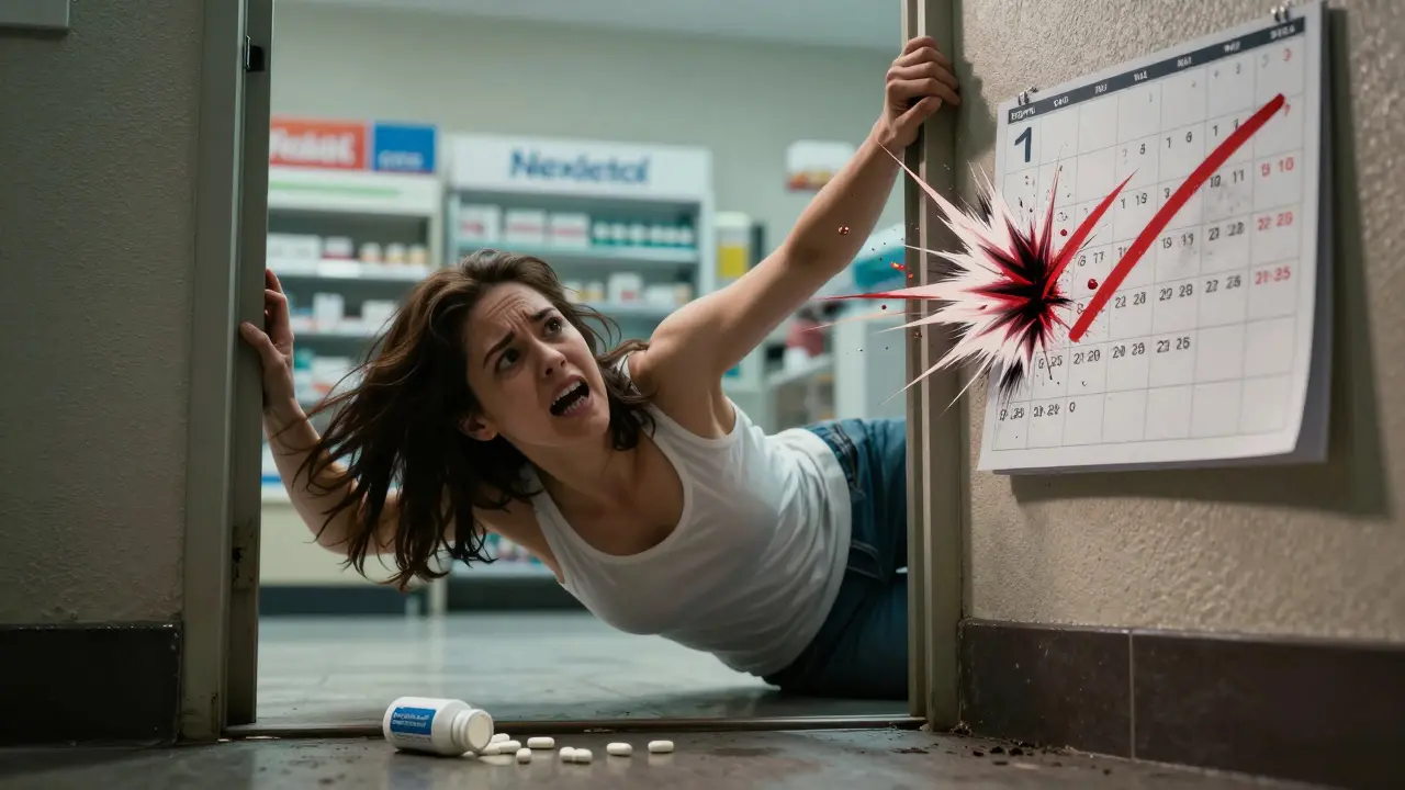 Woman falling as her rotator cuff tendon ruptures, bempedoic acid pills scattered on the floor.