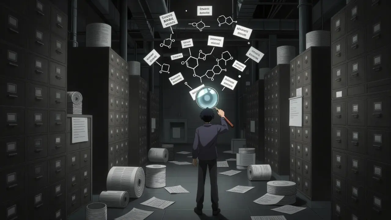 A person investigating a vast warehouse of medical data and drug names.