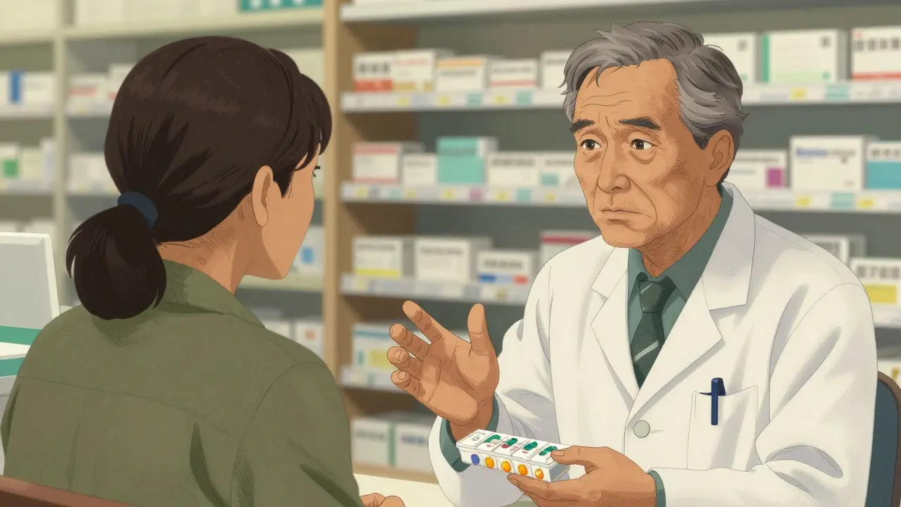 A pharmacist and patient discussing a simplified medication plan using a pill organizer.