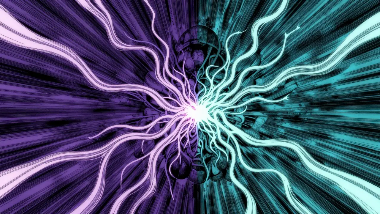 Abstract representation of dual medication pathways targeting migraines