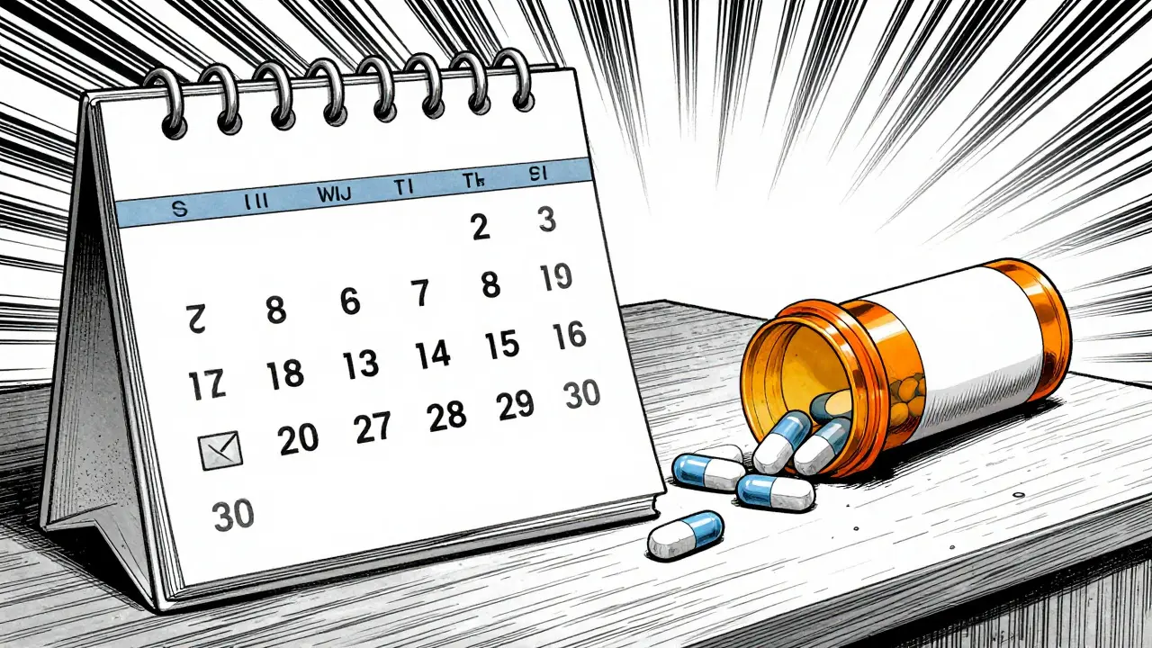 An overturned prescription bottle and spilled pills next to a partially marked calendar.