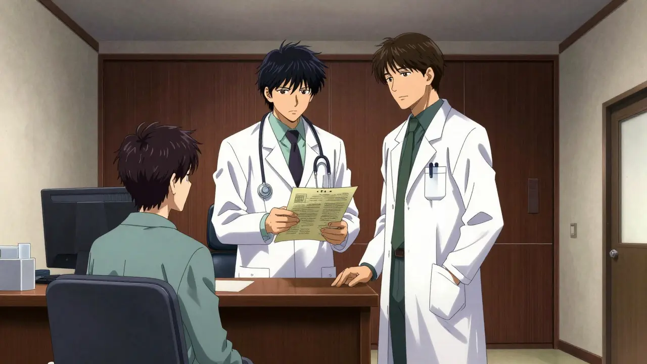 Cardiologist and dermatologist collaborating in a Gekiga style medical office