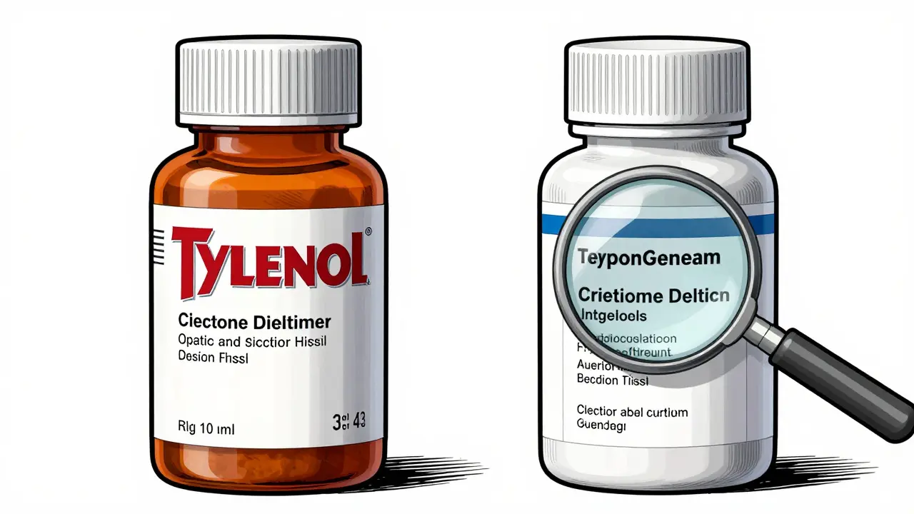 Comparison of brand name and generic medicine bottles with a magnifying glass in Gekiga style.