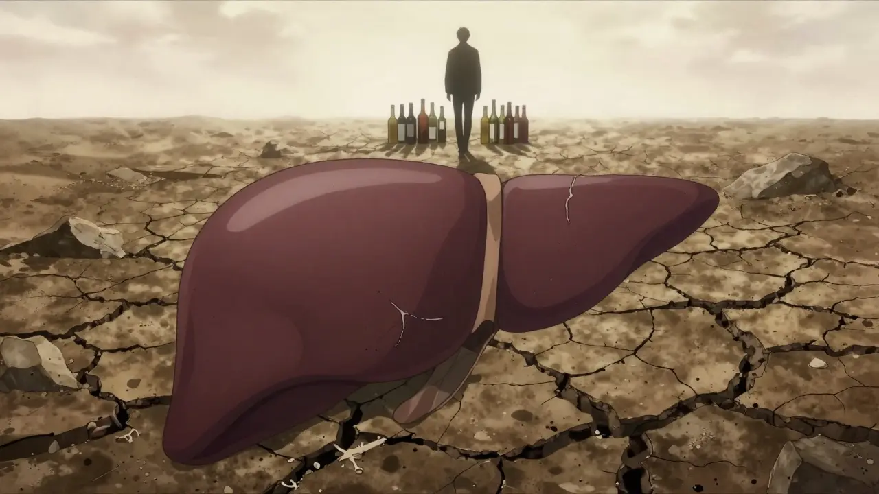 Conceptual Gekiga art of a scarred liver and a person choosing sobriety.