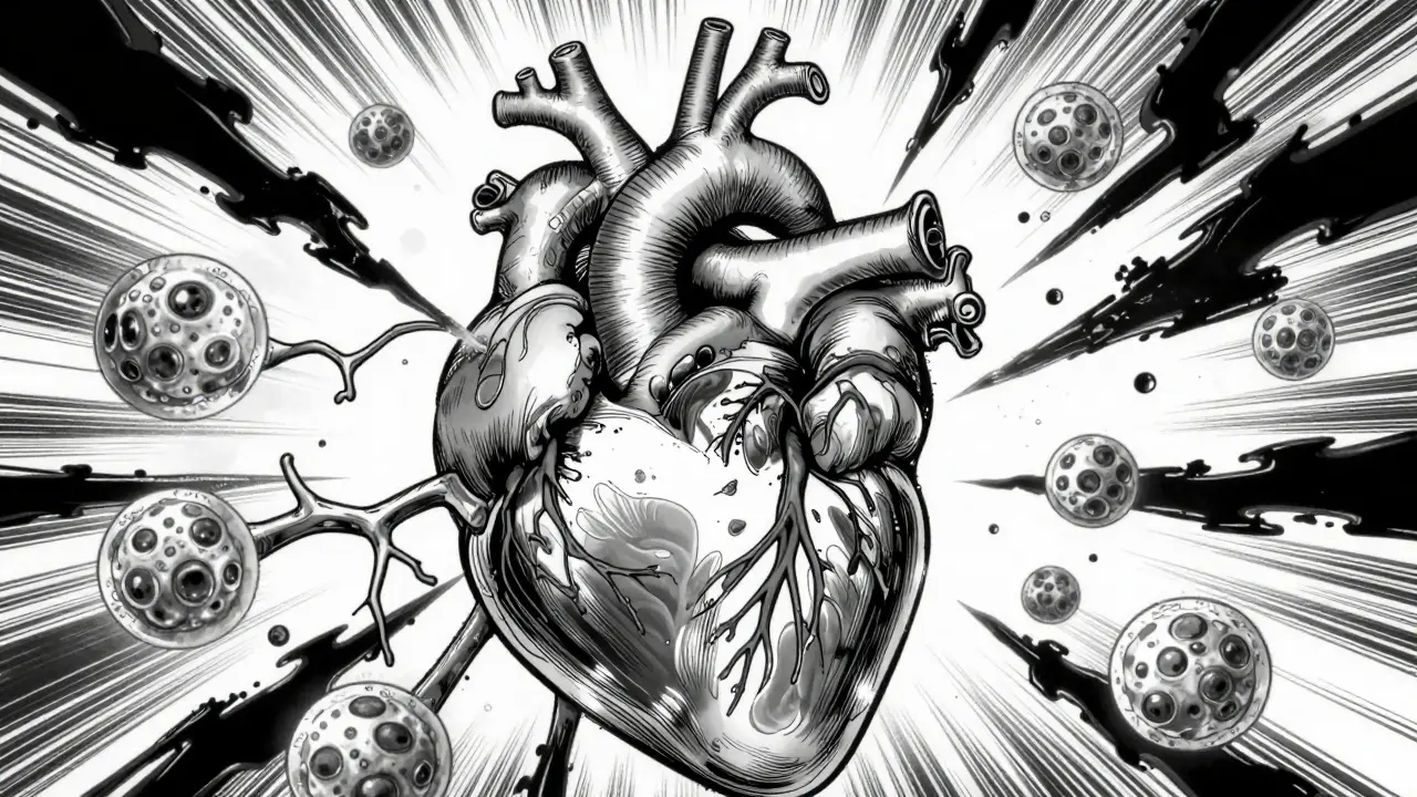 Conceptual Gekiga art showing the biological interaction between heart medication and skin cells
