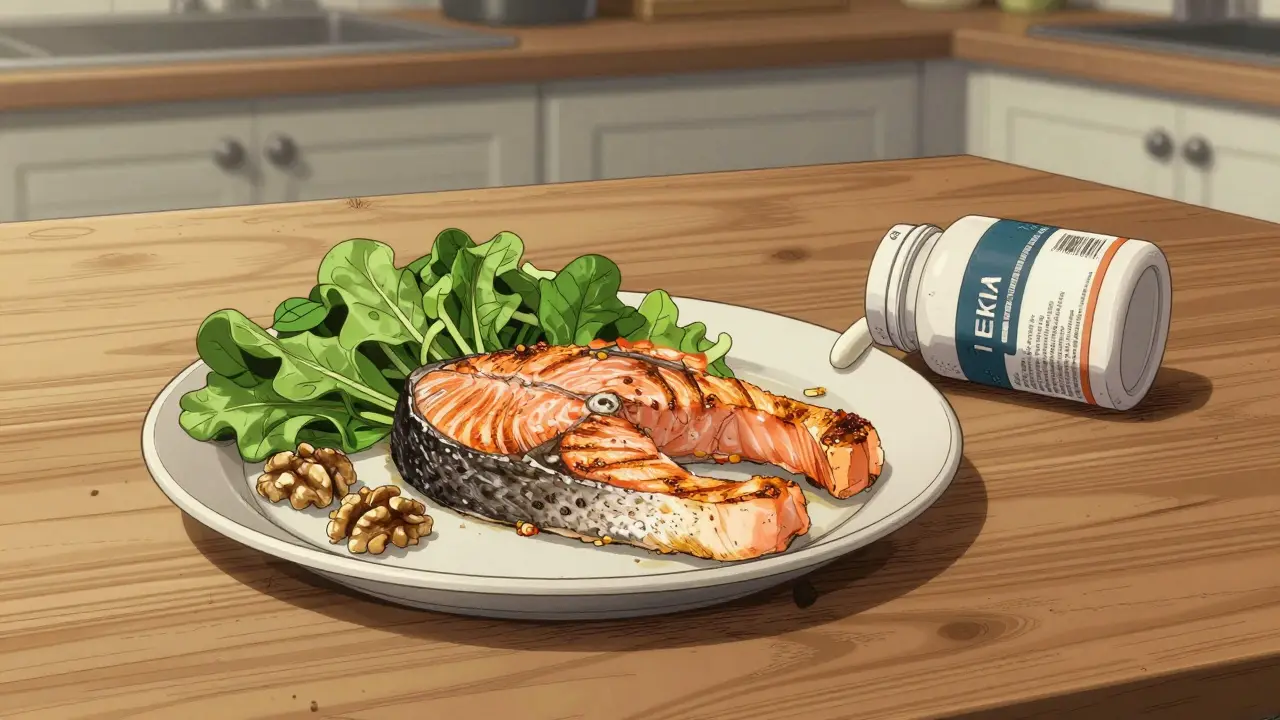 Gekiga style illustration of grilled salmon and walnuts on a kitchen table