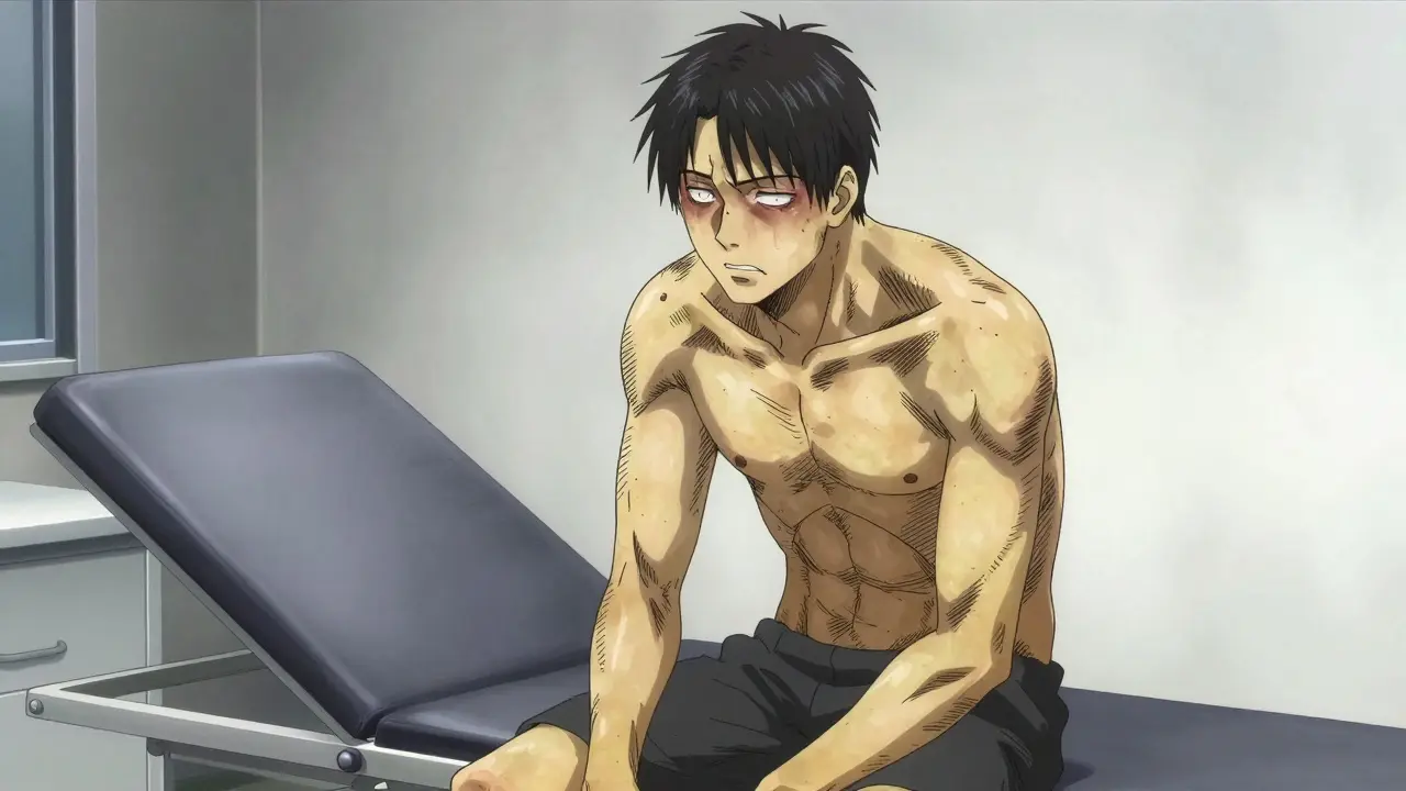 Man with jaundice symptoms in a clinical setting, Gekiga style.