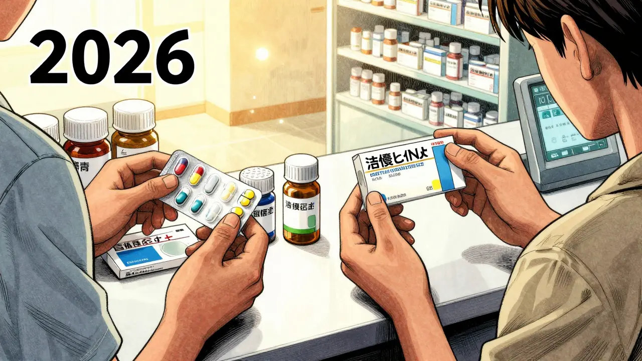 Patient comparing generic medication options at pharmacy counter