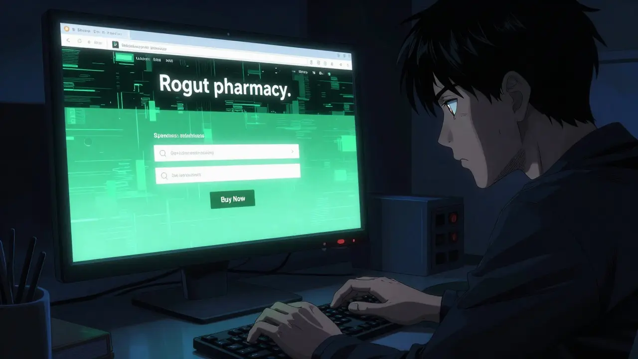 Person hesitating to buy from a suspicious website on a computer in Gekiga style.